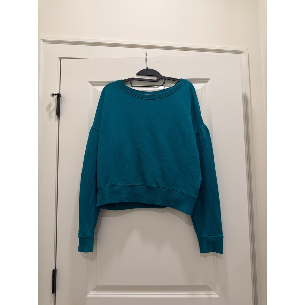 UGG RTW Womens Teal Blue Cropped Sweatshirt Pullover Size Large Logo Back